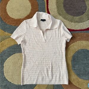 J. Crew Short Sleeve Collared Pointelle Sweater V Neck Beige Women’s Size Small